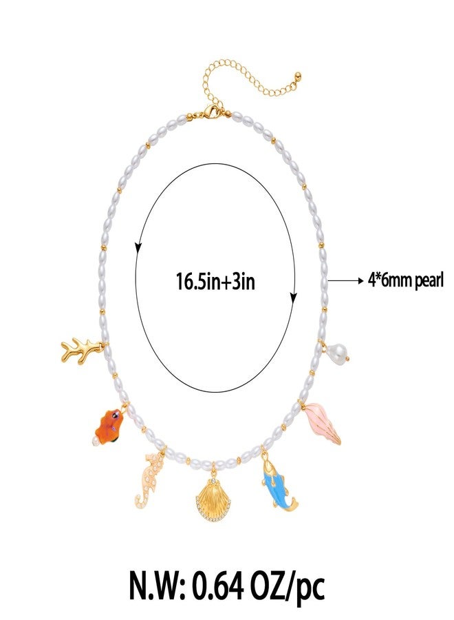 FAUTHENTICUTE Summer Pearl Choker Necklaces For Women Multi-colored Coral Conch Shell And Seahorse Fish Charms Cute Beach Necklaces For Women - Image 5